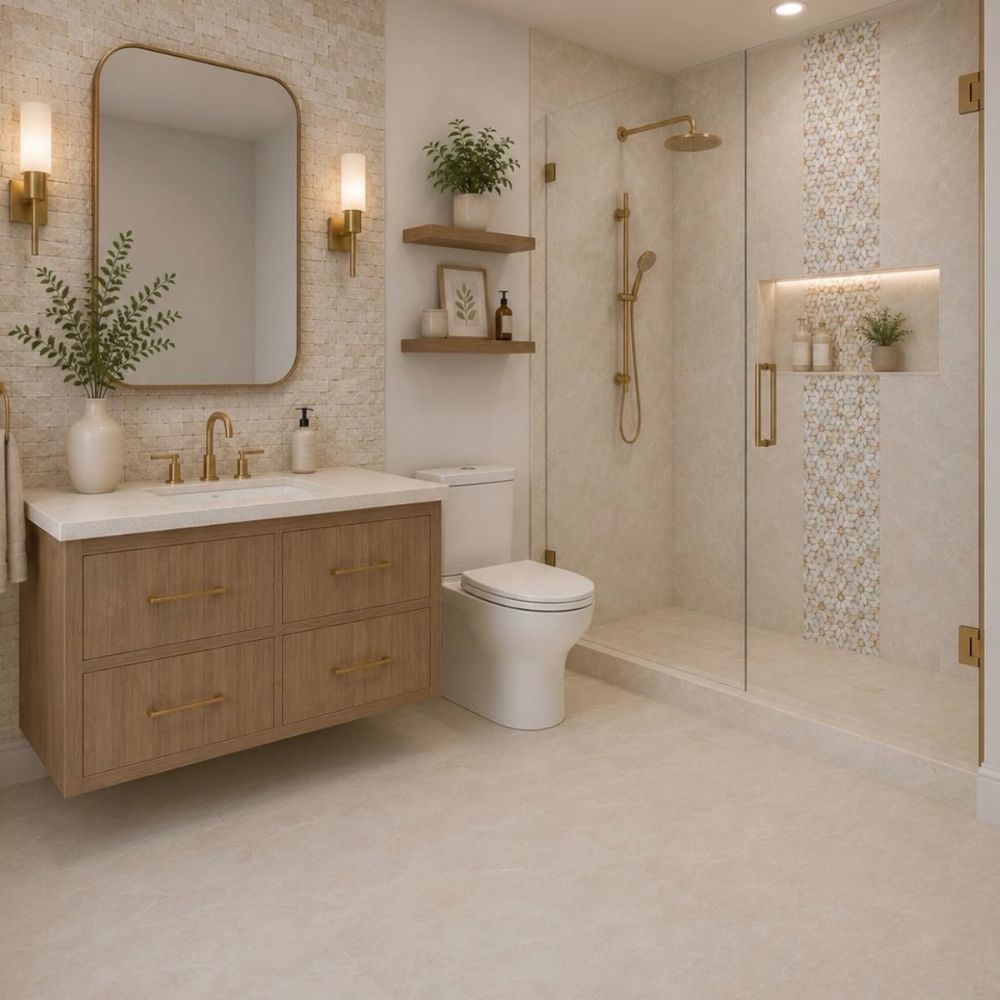 Nh&agrave; tắm Vintage tone s&aacute;ng kết hợp với tủ m&agrave;u gỗ, gương bo tr&ograve;n khung kim loại v&agrave; sen v&ograve;i bằng đồng cổ điển
