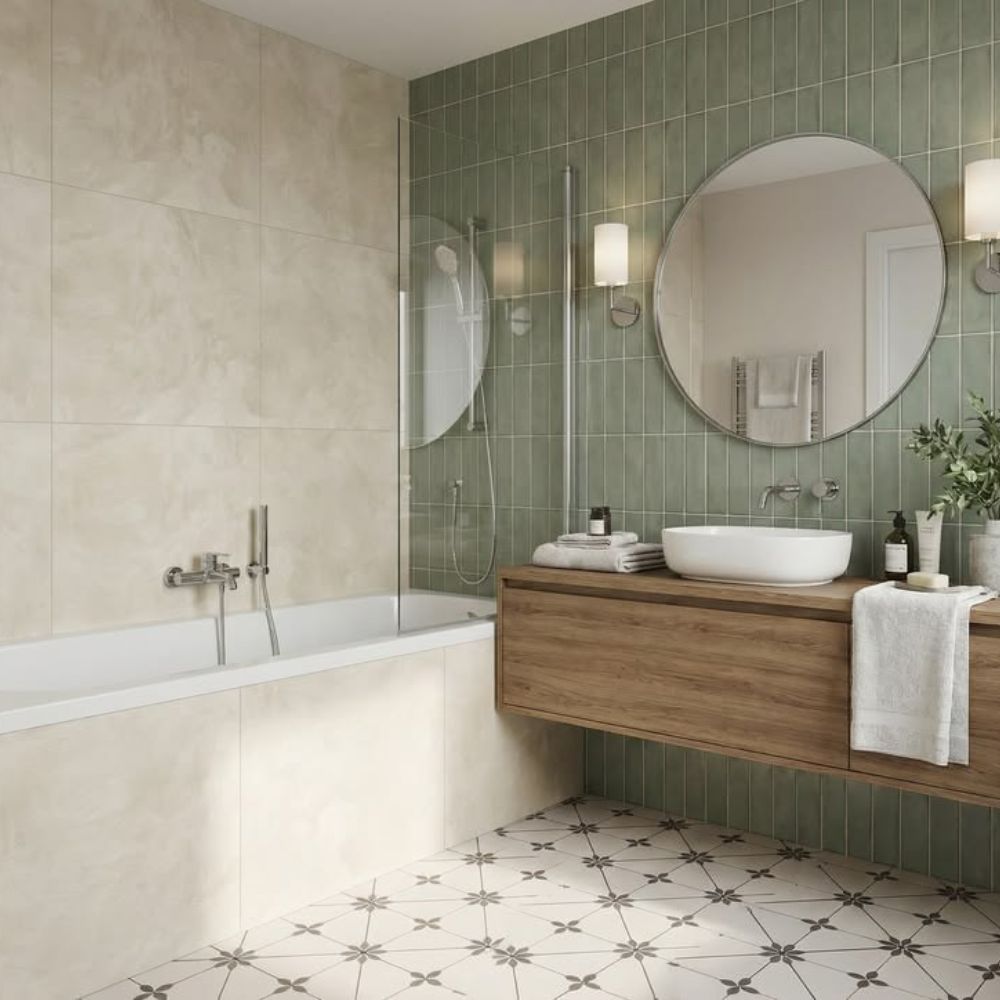 Nh&agrave; tắm Vintage kết hợp gạch b&ocirc;ng l&aacute;t s&agrave;n, tủ gỗ m&agrave;u sẫm với mảng tường xanh bắt mắt
