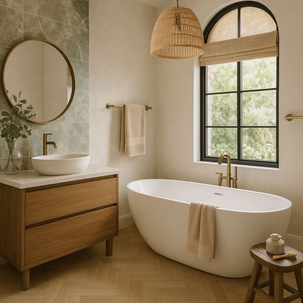 Nh&agrave; tắm Vintage được trang bị bồn tắm d&aacute;ng thuyền mềm mại