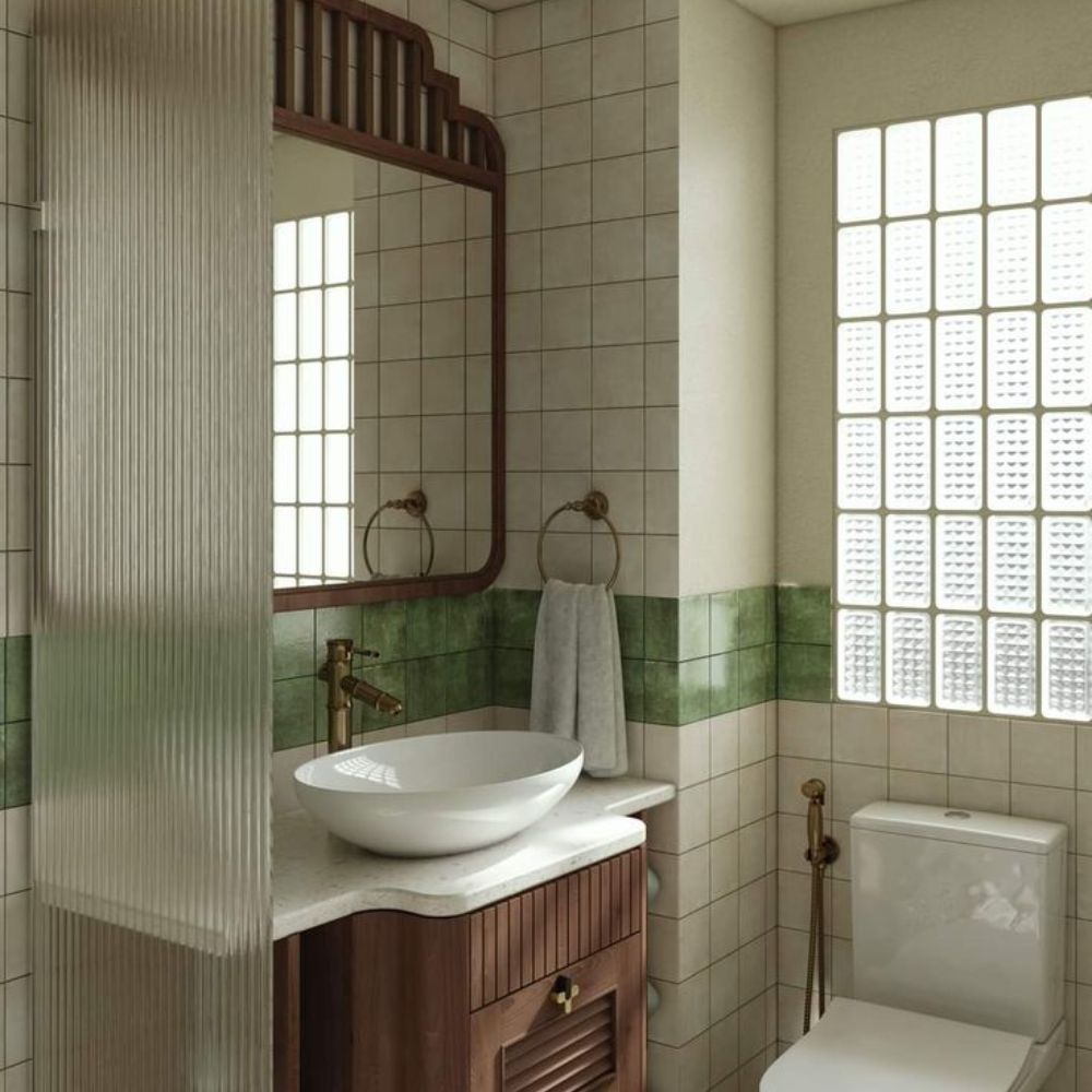 Ph&ograve;ng tắm Vintage d&ugrave;ng sắc s&aacute;ng chủ đạo kết hợp mảng tường xanh l&agrave;m nổi bật c&aacute;c thiết bị vệ sinh trong kh&ocirc;ng gian