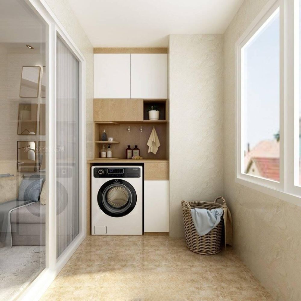 Xếp m&aacute;y giặt dưới tủ v&agrave; tận dụng tủ để cất gọn c&aacute;c vật dụng