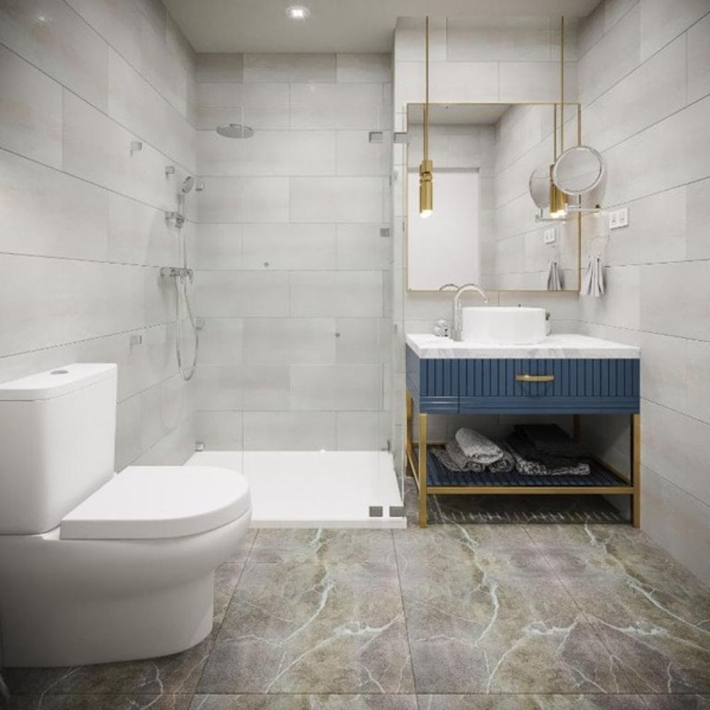 Mẫu gạch l&aacute;t nền nh&agrave; vệ sinh v&acirc;n m&agrave;u n&acirc;u nhạt xen lẫn những đường v&acirc;n đ&aacute; trắng lạ mắt