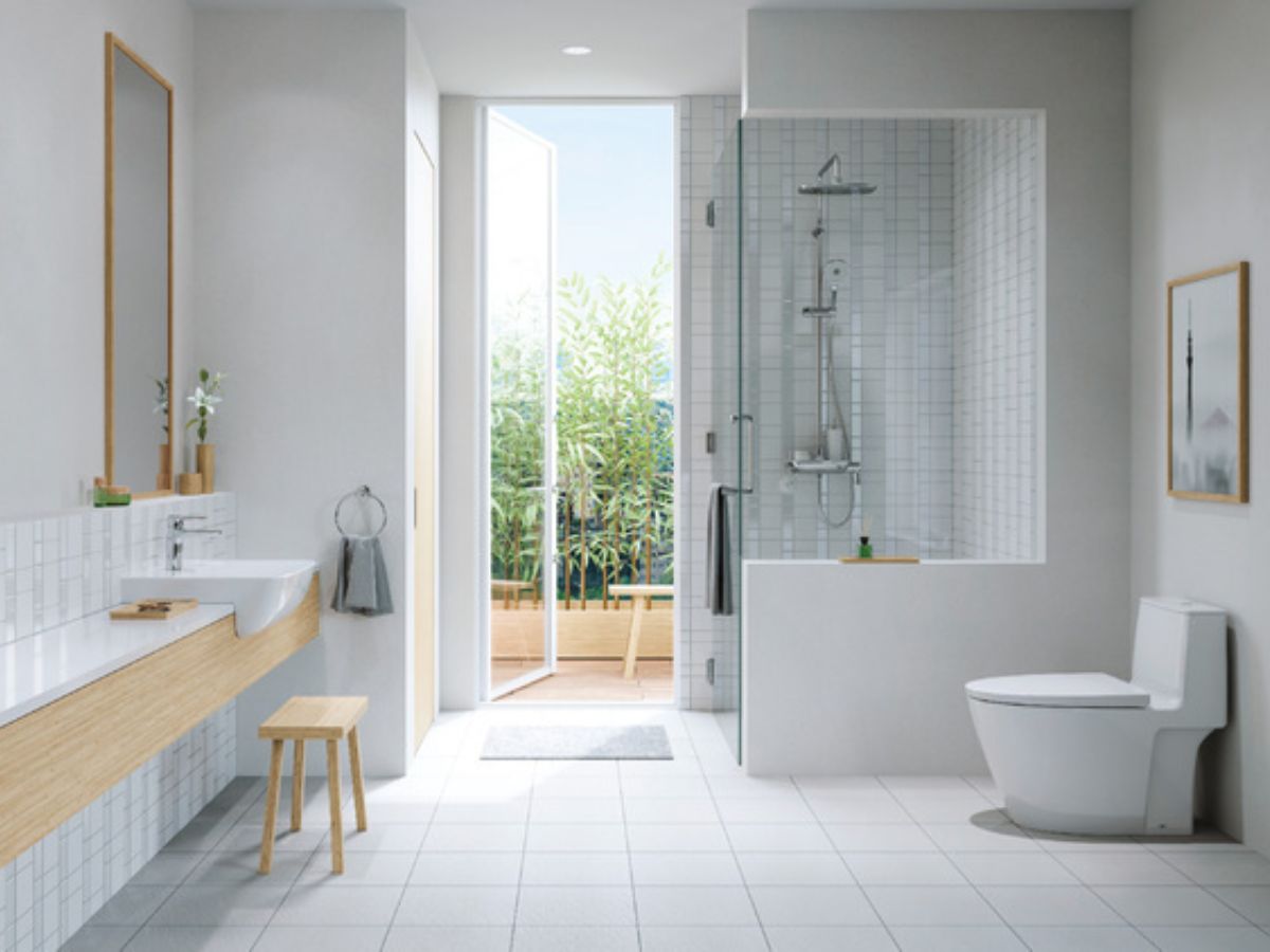 Nh&agrave; tắm phong c&aacute;ch hiện đại ph&ugrave; hợp với gạch l&aacute;t nền đơn sắc