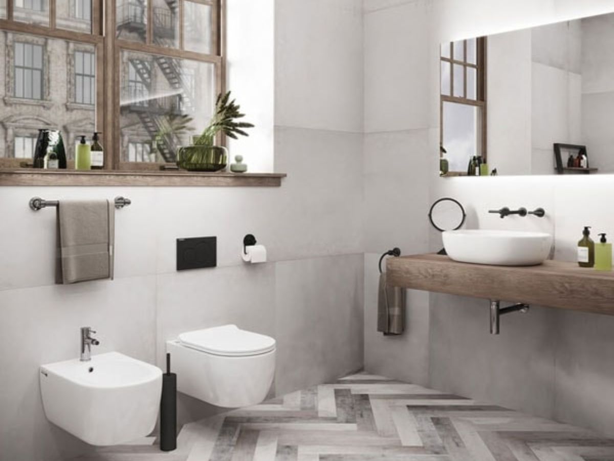 L&aacute;t gạch kiểu xương c&aacute; tạo điểm nhấn độc đ&aacute;o cho nh&agrave; tắm hiện đại