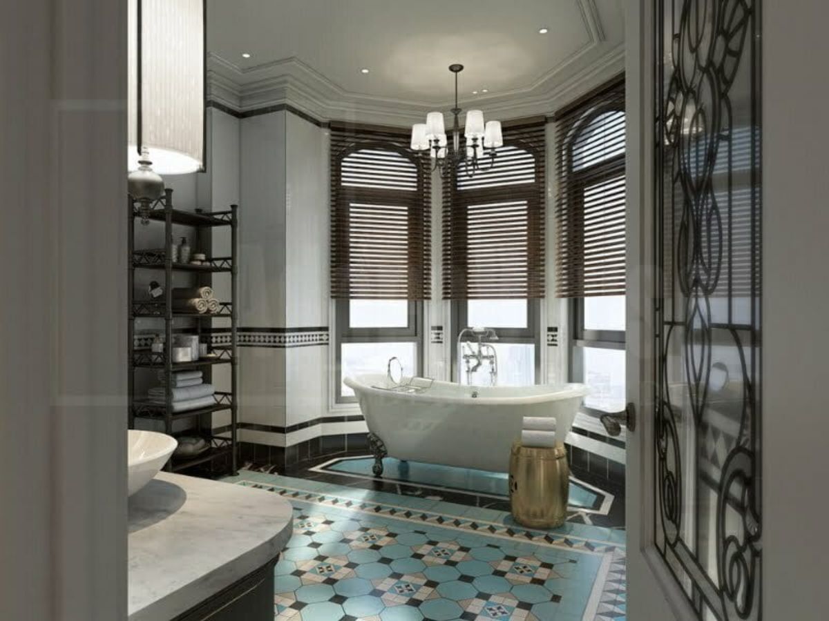 Gạch b&ocirc;ng l&aacute;t nền m&agrave;u xanh dương tạo n&ecirc;n vẻ đẹp truyền thống v&agrave; tinh tế cho nh&agrave; tắm