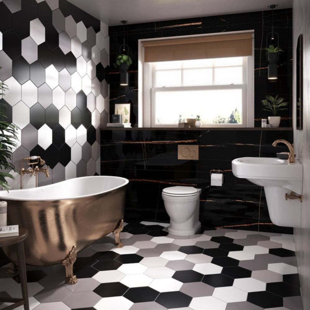 Gạch lục gi&aacute;c l&aacute;t nền nh&agrave; vệ sinh tạo điểm nhấn mới lạ, gi&uacute;p ph&ograve;ng tắm th&ecirc;m ấn tượng, độc đ&aacute;o