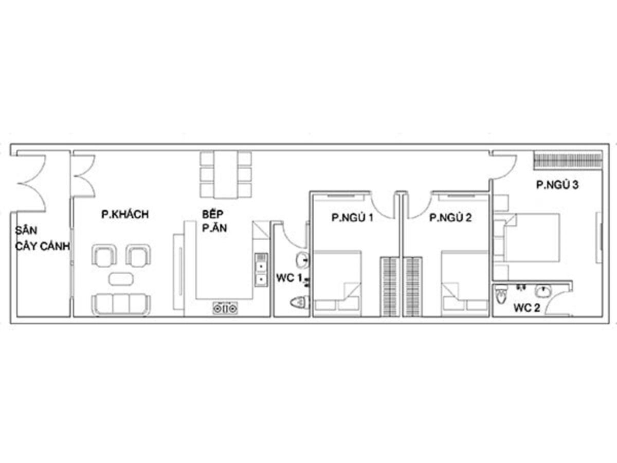 Bản vẽ mẫu nh&agrave; ống 1 tầng ở n&ocirc;ng th&ocirc;n đầy đủ chức năng với 3 ph&ograve;ng ngủ cho gia đ&igrave;nh 4-6 người