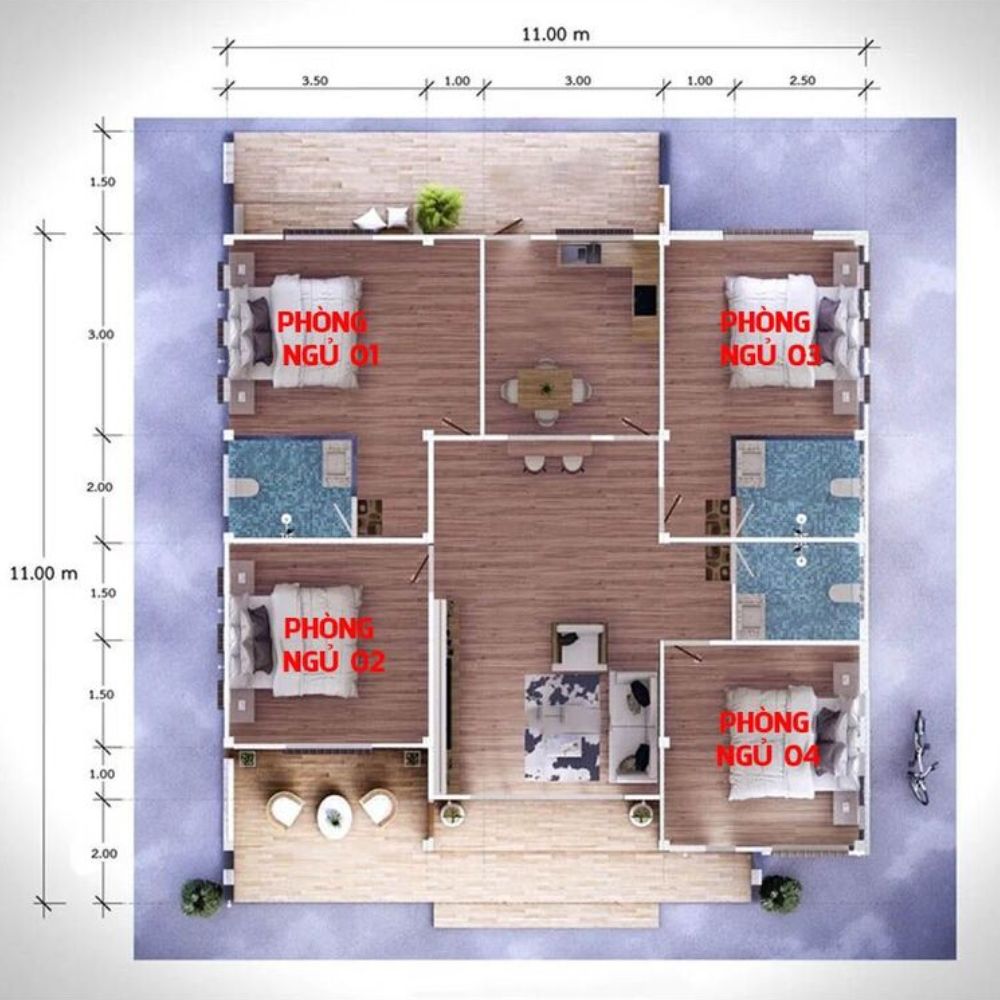 Bản vẽ bố cục nh&agrave; vu&ocirc;ng 1 tầng 4 ph&ograve;ng ngủ