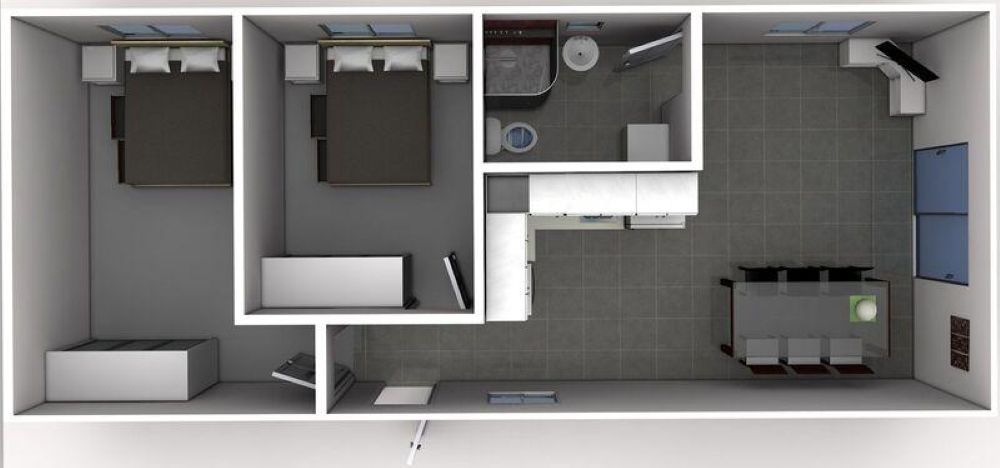 Bản vẽ nh&agrave; ống 1 tầng được bố tr&iacute; theo chiều dọc với 2 ph&ograve;ng ngủ liền kề thuận tiện cho việc sinh hoạt