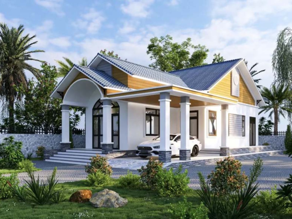 Thiết kế nh&agrave; m&aacute;i Th&aacute;i c&oacute; gam m&agrave;u trung t&iacute;nh với hệ cột ấn tượng