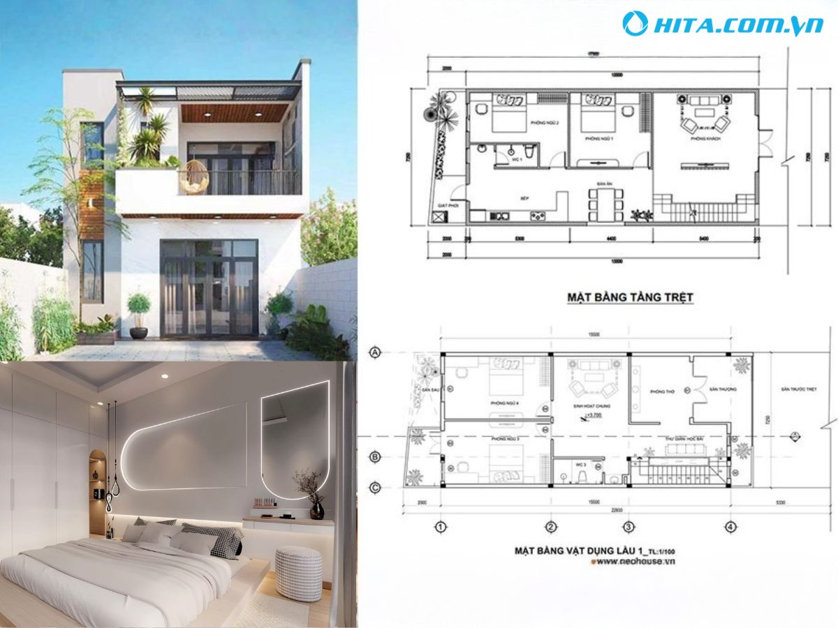Mẫu nh&agrave; 1 trệt 1 lầu 5x20 4 ph&ograve;ng ngủ đầy đủ tiện nghi