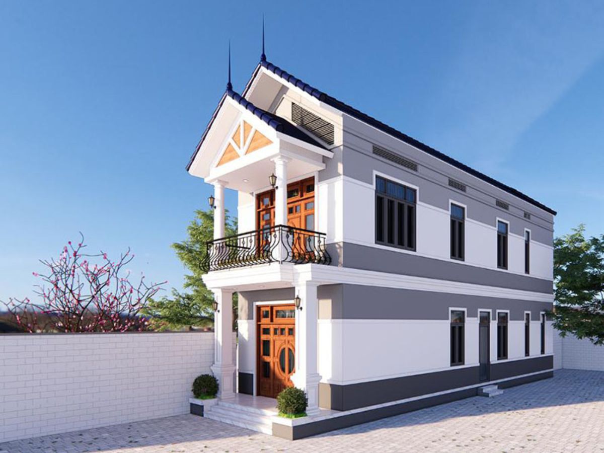 Mẫu nh&agrave; 1 trệt 1 lầu đẹp 5x20 m&aacute;i Th&aacute;i với gam m&agrave;u trắng tinh tế