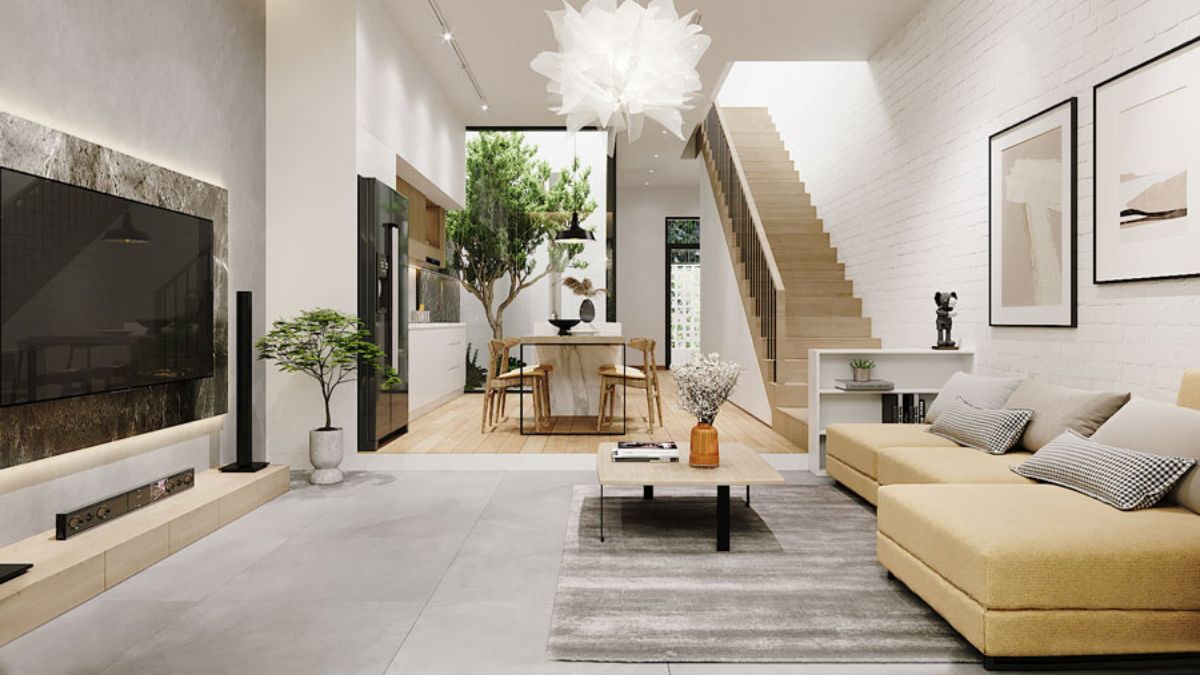 Nh&agrave; 1 trệt 1 lầu 4x12 c&oacute; thiết kế mở li&ecirc;n th&ocirc;ng với bếp, kết hợp cầu thang s&aacute;t tường