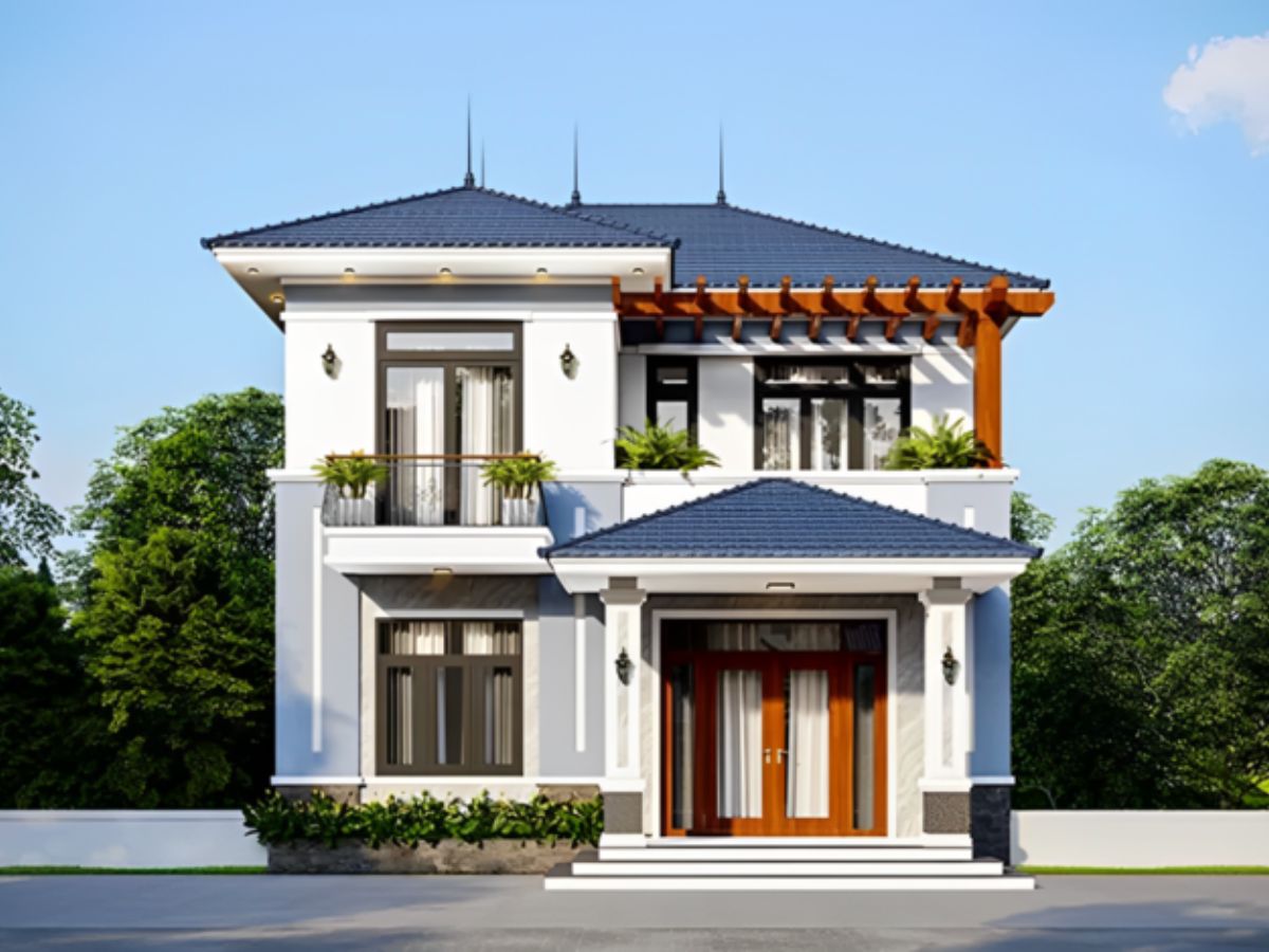 Mẫu nh&agrave; vu&ocirc;ng 2 tầng ở n&ocirc;ng th&ocirc;n kết hợp c&ugrave;ng cửa k&iacute;nh lớn mang lại kh&ocirc;ng gian s&aacute;ng sủa, tho&aacute;ng đ&atilde;ng