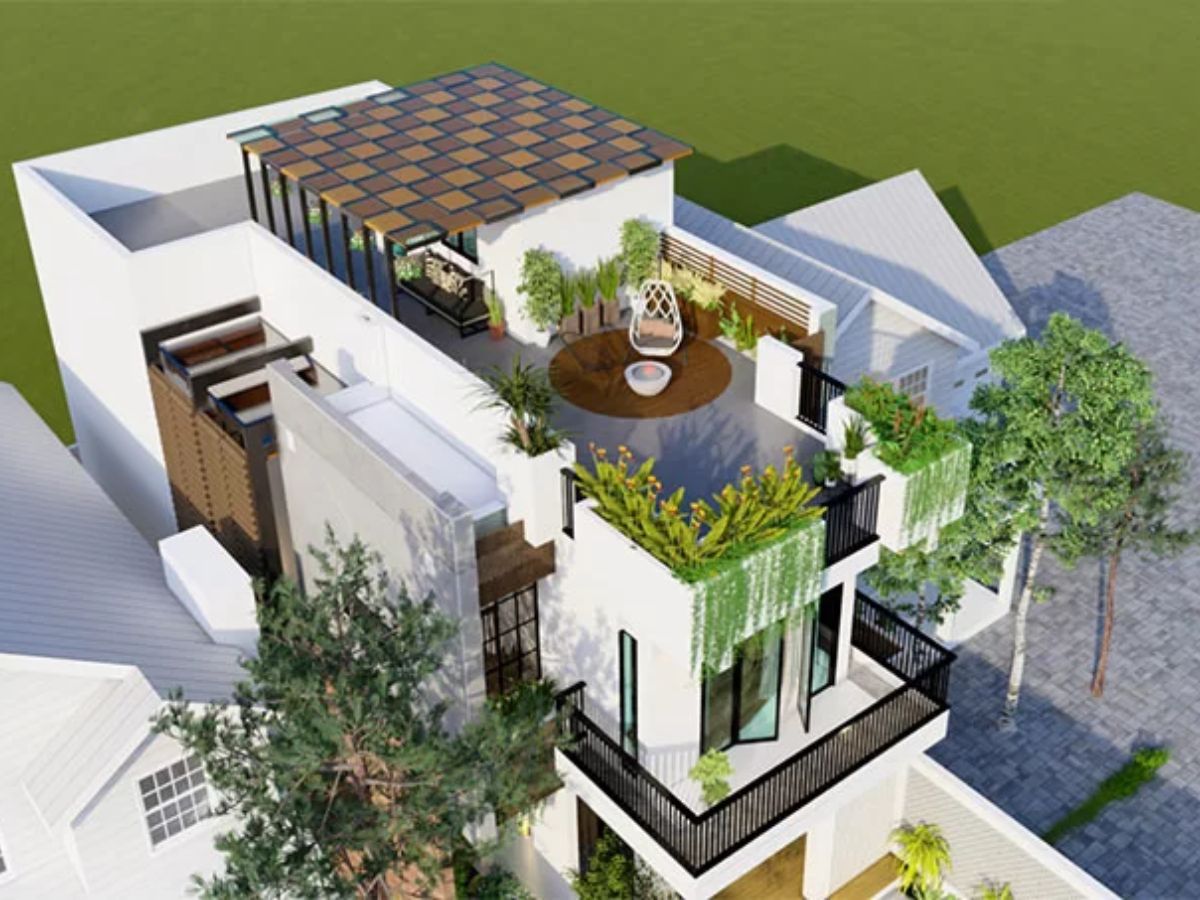 Với nh&agrave; m&aacute;i bằng 2 tầng ở n&ocirc;ng th&ocirc;n, c&oacute; thể tận dụng ph&aacute;i m&aacute;i để l&agrave;m s&acirc;n thượng, khu thư gi&atilde;n