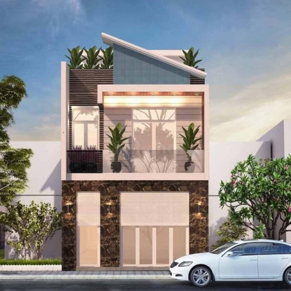 Mẫu thiết kế nh&agrave; 2 tầng m&aacute;i lệch đẹp 1