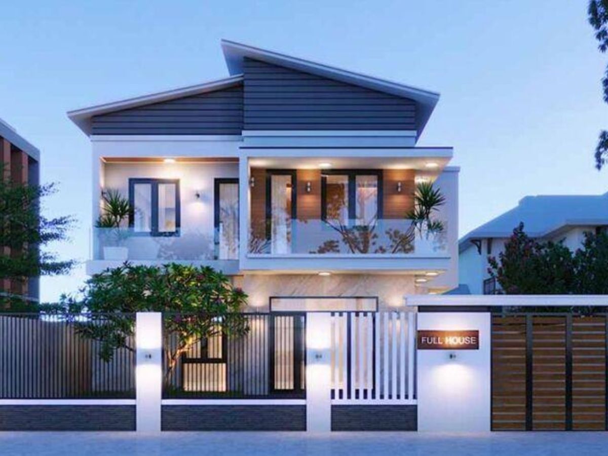 Mẫu thiết kế nh&agrave; 2 tầng m&aacute;i lệch đẹp 2