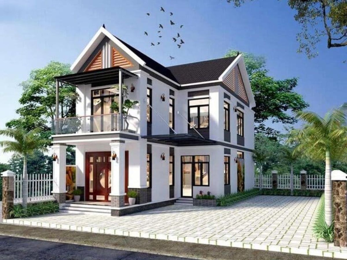 Mẫu nh&agrave; 2 tầng m&aacute;i Th&aacute;i tối giản với gam m&agrave;u trung t&iacute;nh h&agrave;i h&ograve;a