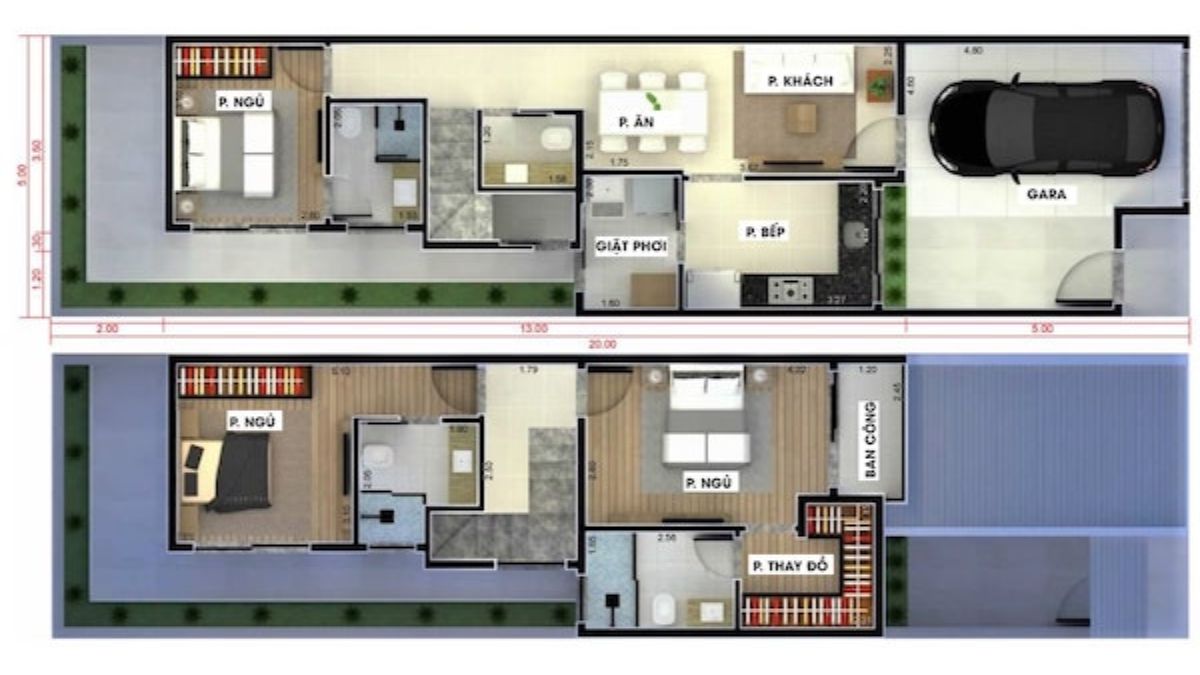 Bản vẽ phối cảnh nh&agrave; ống 2 tầng 5x20m c&oacute; gara để xe
