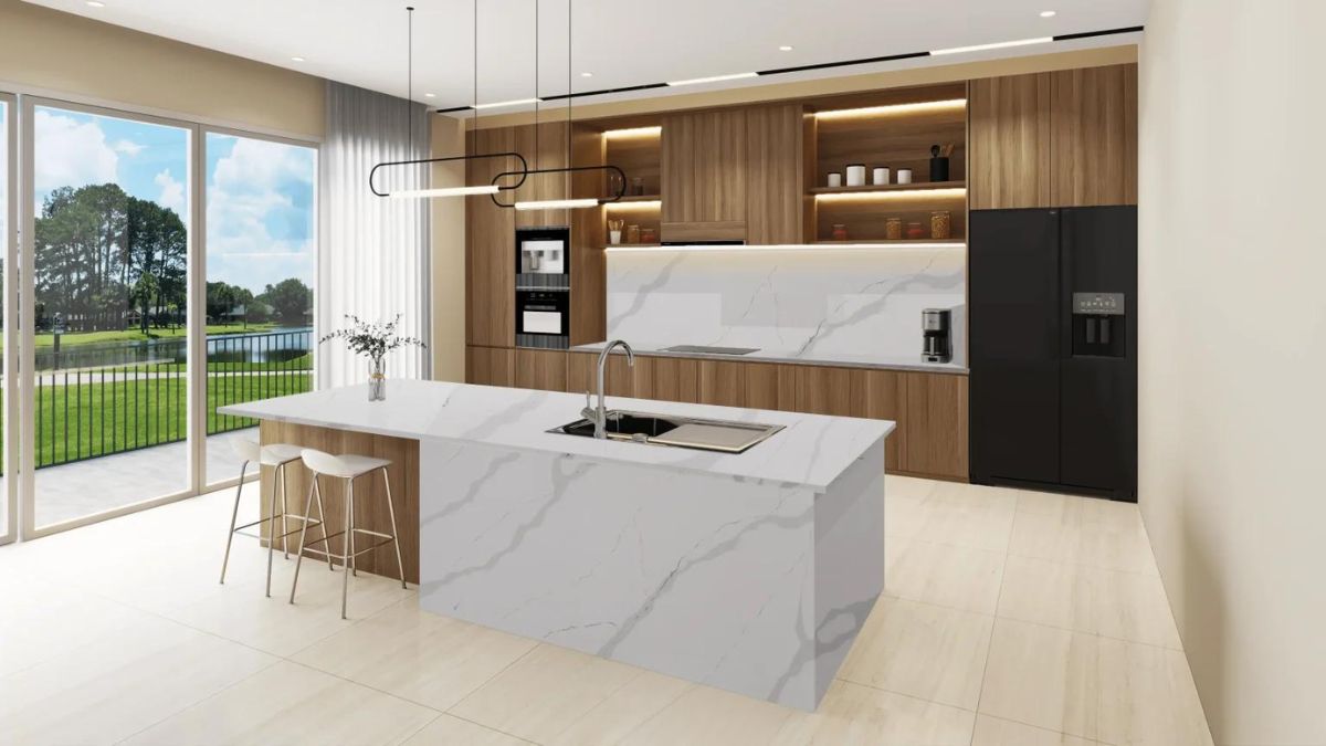 Mẫu nh&agrave; bếp ở n&ocirc;ng th&ocirc;n sử dụng gạch ốp trang tr&iacute;