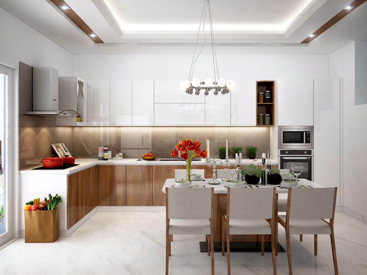 Nh&agrave; bếp n&ocirc;ng th&ocirc;n t&ocirc;ng trắng chủ đạo sử dụng chất liệu gỗ c&ocirc;ng nghiệp kết hợp b&agrave;n đ&aacute; sang trọng