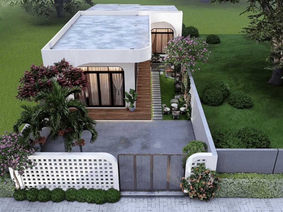 Tận dụng khoảng trống b&ecirc;n h&ocirc;ng nh&agrave; cấp 4 5x20 chữ L l&agrave;m nơi trồng c&acirc;y, khu vực thư gi&atilde;n