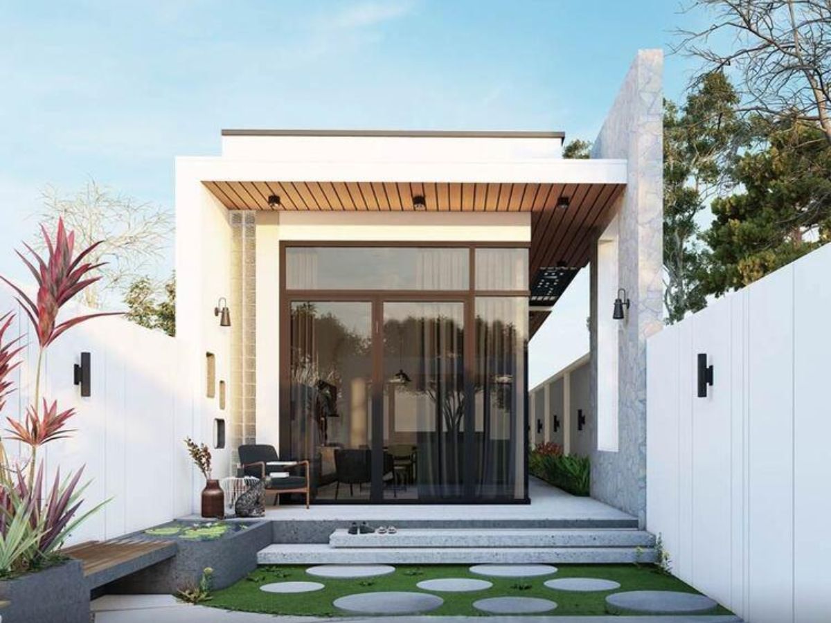 Mẫu nh&agrave; cấp 4 m&aacute;i bằng 5x20 với cửa ch&iacute;nh lớn, hiện đại