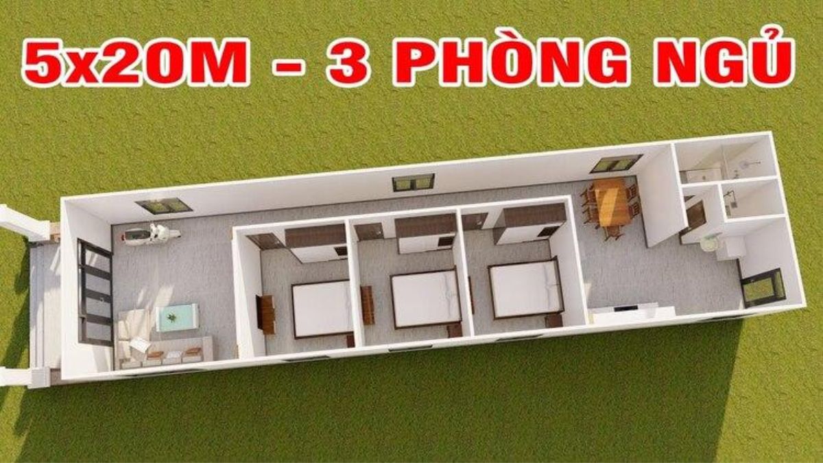 Bản vẽ mẫu nh&agrave; cấp 4 5x20 đẹp với 3 ph&ograve;ng ngủ hiện đại
