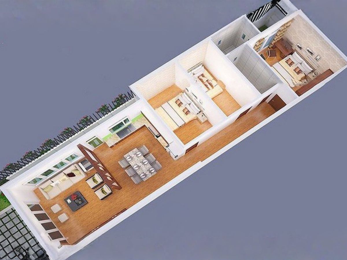 Bản vẽ 3D nh&agrave; cấp 4 3 ph&ograve;ng ngủ 5x20 đơn giản, tiện lợi