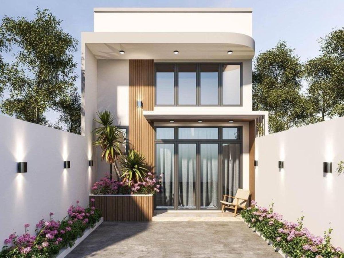 Nh&agrave; cấp 4 5x20 hiện đại c&oacute; g&aacute;c lửng với gam trắng chủ đạo, kết hợp c&aacute;c cửa k&iacute;nh lớn