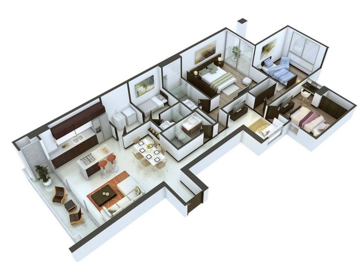 Phối cảnh nh&agrave; cấp 4 5x20 3 ph&ograve;ng ngủ chi tiết
