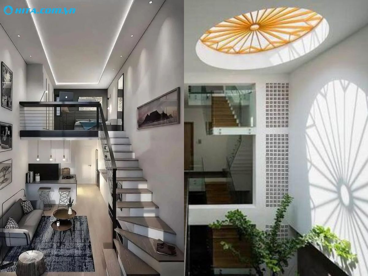 Tăng sự th&ocirc;ng tho&aacute;ng cho nh&agrave; cấp 4 5x20 bằng c&aacute;ch bố tr&iacute; g&aacute;c lửng, giếng trời