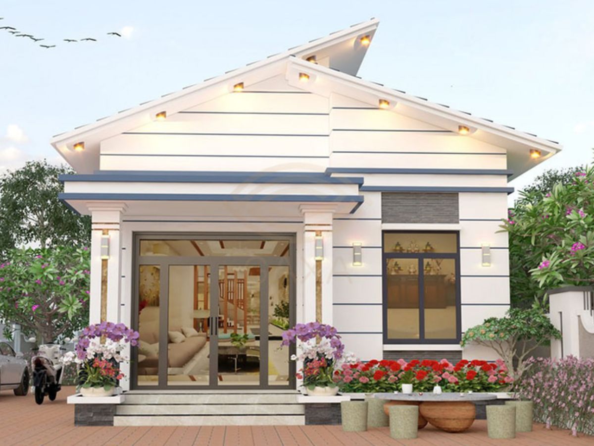 Thiết kế nh&agrave; cấp 4 n&ocirc;ng th&ocirc;n m&aacute;i lệch độc đ&aacute;o kết hợp cửa k&iacute;nh lớn v&agrave; s&acirc;n vườn tho&aacute;ng m&aacute;t