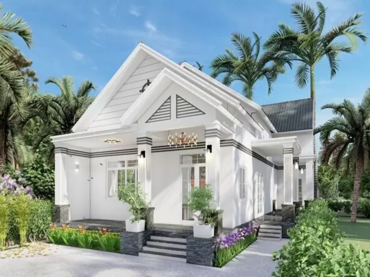 Mẫu nh&agrave; cấp 4 n&ocirc;ng th&ocirc;n phong c&aacute;ch t&acirc;n cổ điển với gam trắng chủ đạo