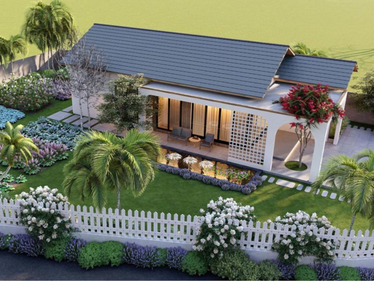 Thiết kế nh&agrave; cấp 4 n&ocirc;ng th&ocirc;n kết hợp s&acirc;n vườn xanh m&aacute;t v&agrave; chỗ ngồi thư gi&atilde;n trước hi&ecirc;n