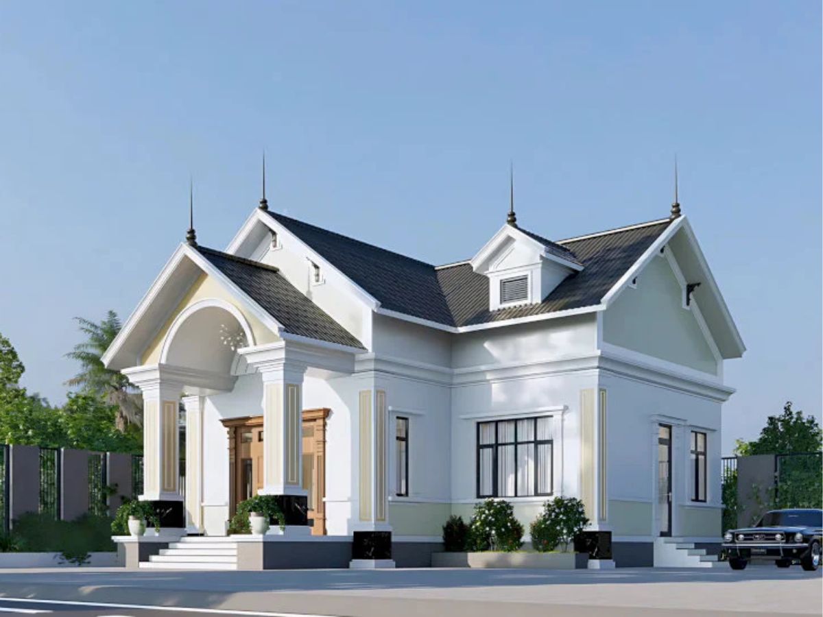 Nh&agrave; cấp 4 chữ L đẹp m&aacute;i Th&aacute;i kết hợp chi tiết trang tr&iacute; tinh tế ở m&aacute;i hi&ecirc;n