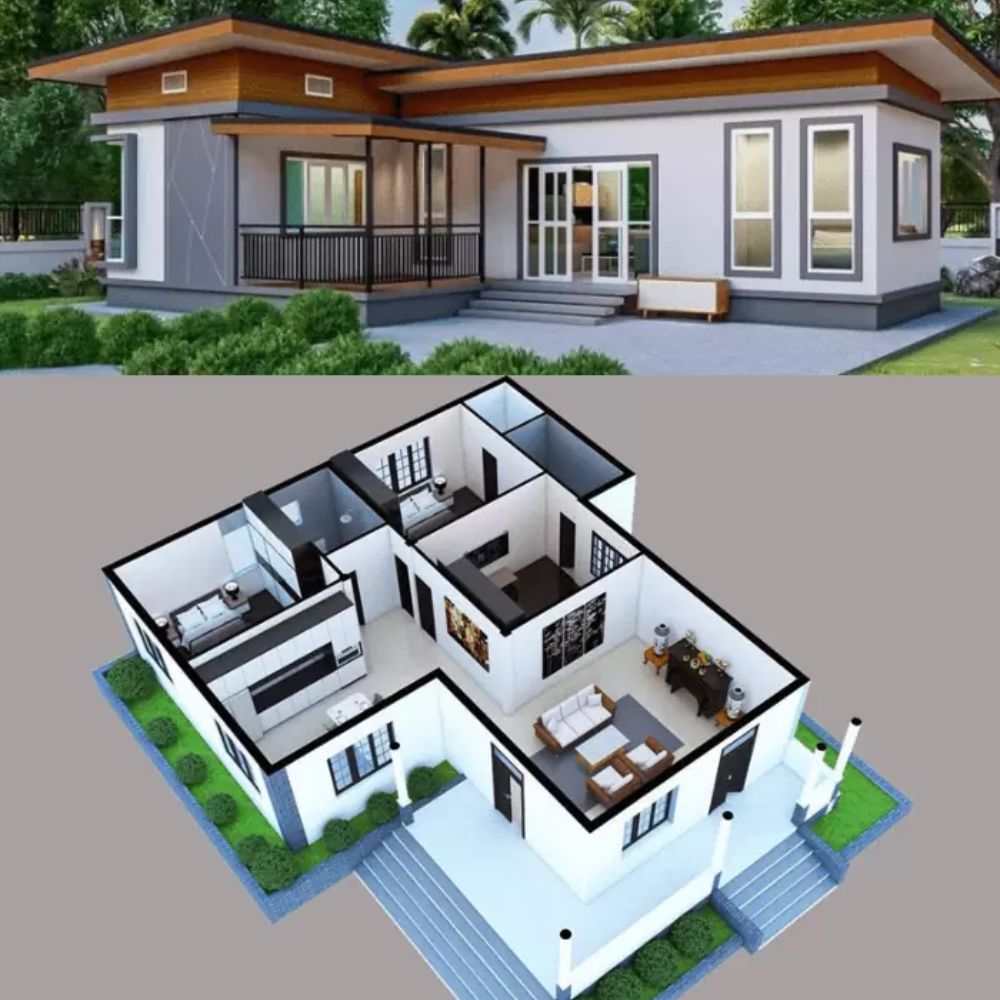 Mẫu nh&agrave; cấp 4 n&ocirc;ng th&ocirc;n chữ L m&aacute;i t&ocirc;n 2 ph&ograve;ng ngủ đẹp k&egrave;m bản vẽ c&aacute;c bố tr&iacute; chi tiết