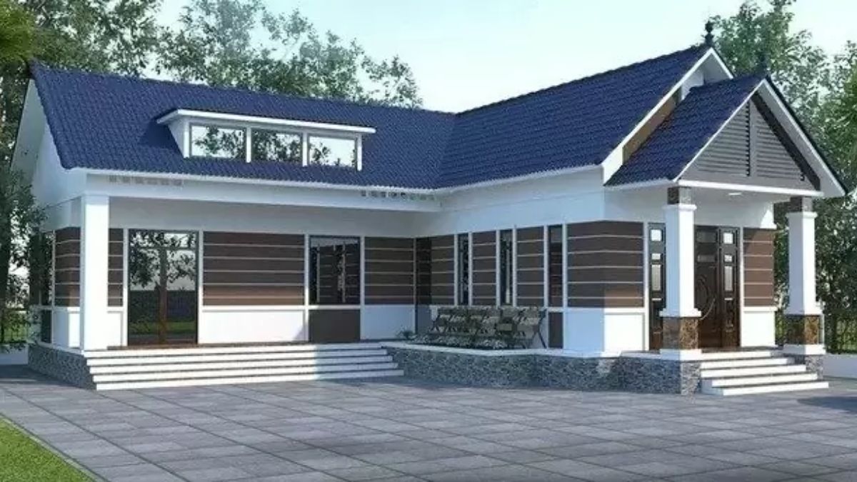 Mẫu nh&agrave; cấp 4 chữ L 4 ph&ograve;ng ngủ kết hợp cửa sổ k&iacute;nh hiện đại