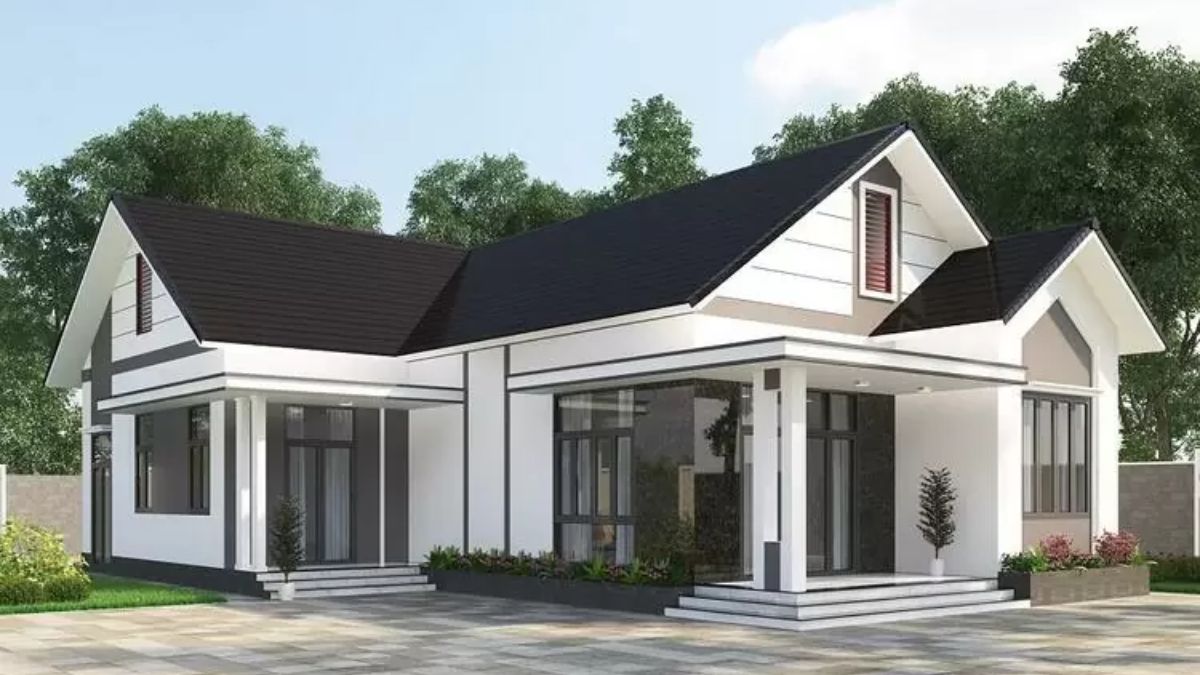 Sử dụng gam m&agrave;u trung t&iacute;nh v&agrave; vật liệu k&iacute;nh, b&ecirc; t&ocirc;ng khi x&acirc;y nh&agrave; cấp 4 h&igrave;nh chữ L hiện đại