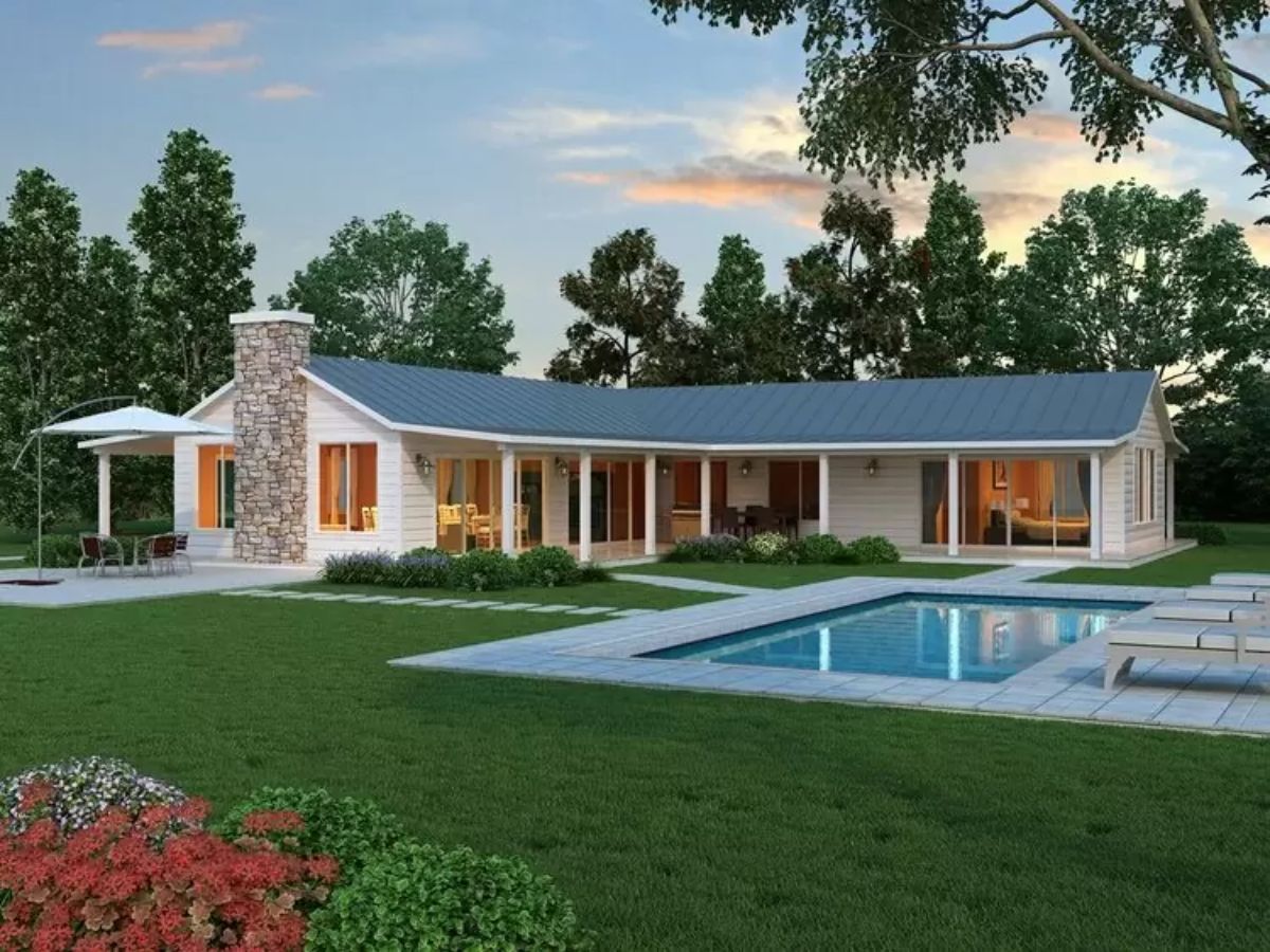 Mẫu nh&agrave; cấp 4 chữ L c&oacute; s&acirc;n vườn xanh