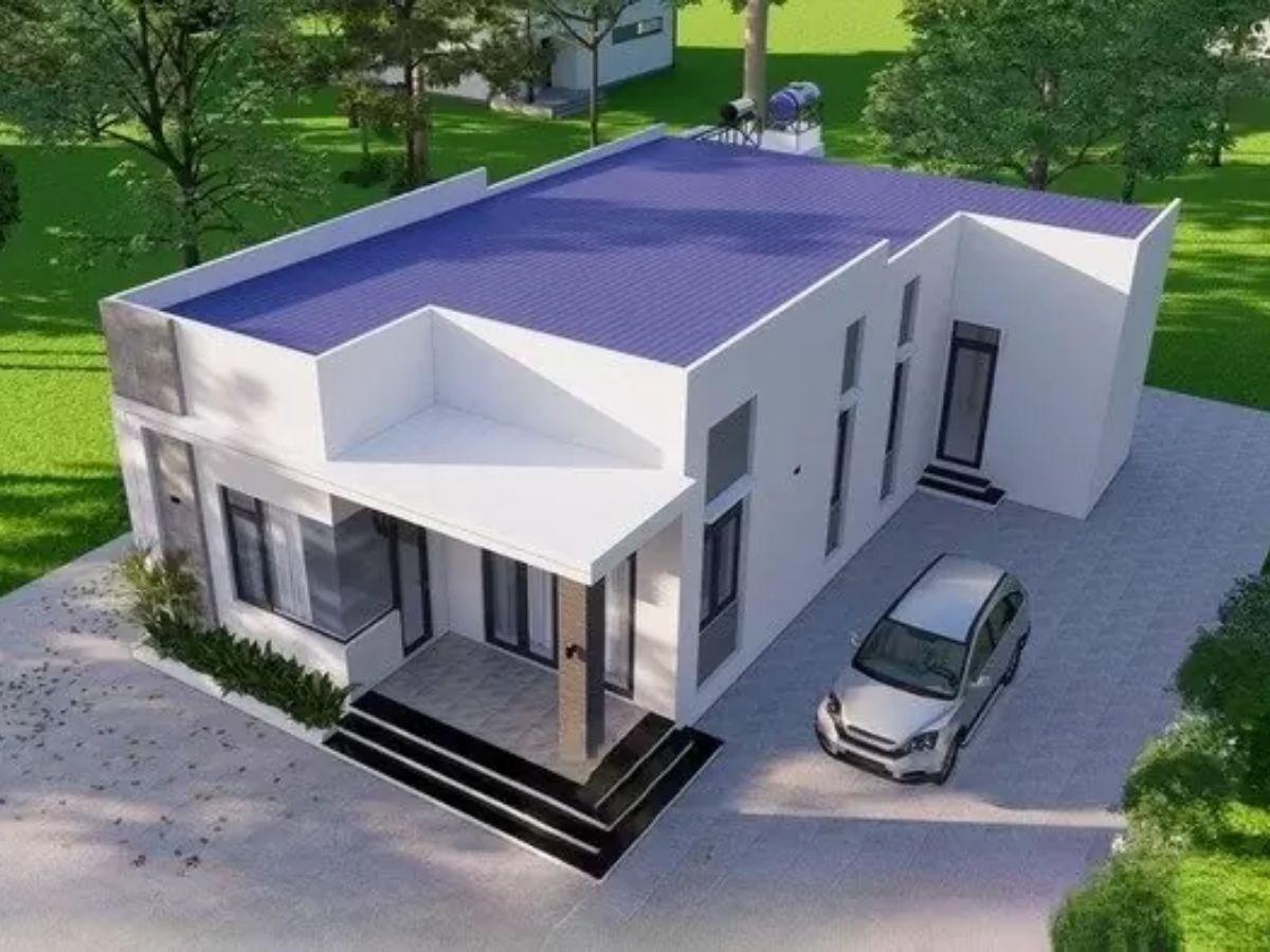 Mẫu nh&agrave; cấp 4 chữ l gi&aacute; rẻ, đơn giản với phần m&aacute;i bằng l&agrave;m khu chứa bồn nước