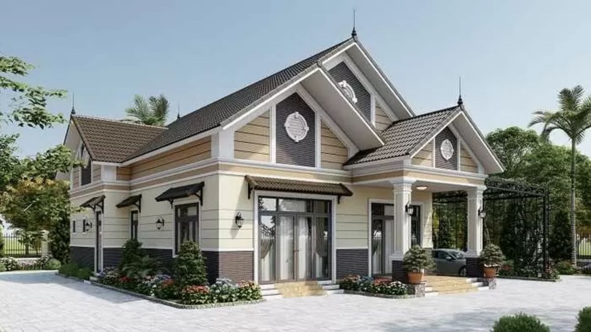 Nh&agrave; m&aacute;i t&ocirc;n cấp 4 chữ L c&oacute; g&aacute;c lửng tiện nghi