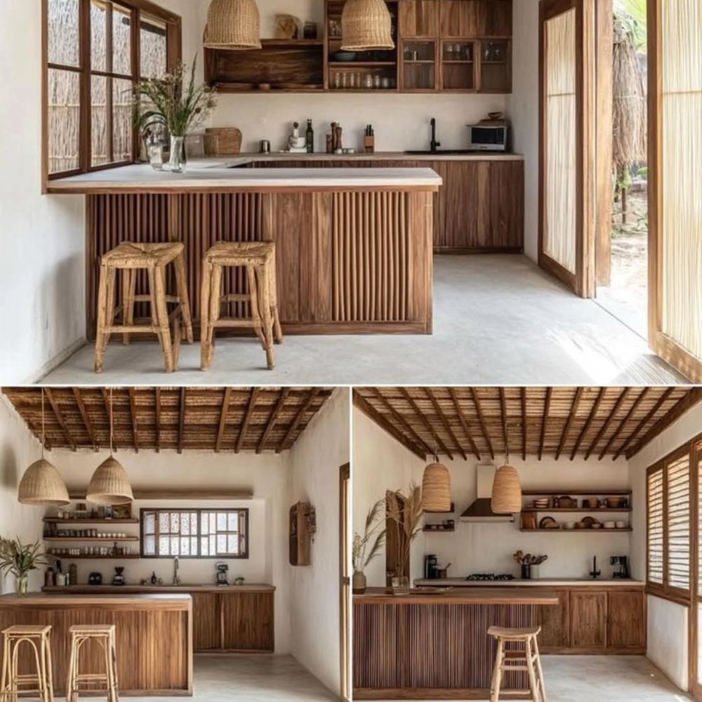 Nh&agrave; gỗ thiết kế mở c&oacute; kh&ocirc;ng gian nội thất liền mạch giữa ph&ograve;ng kh&aacute;ch, bếp v&agrave; khu sinh hoạt chung