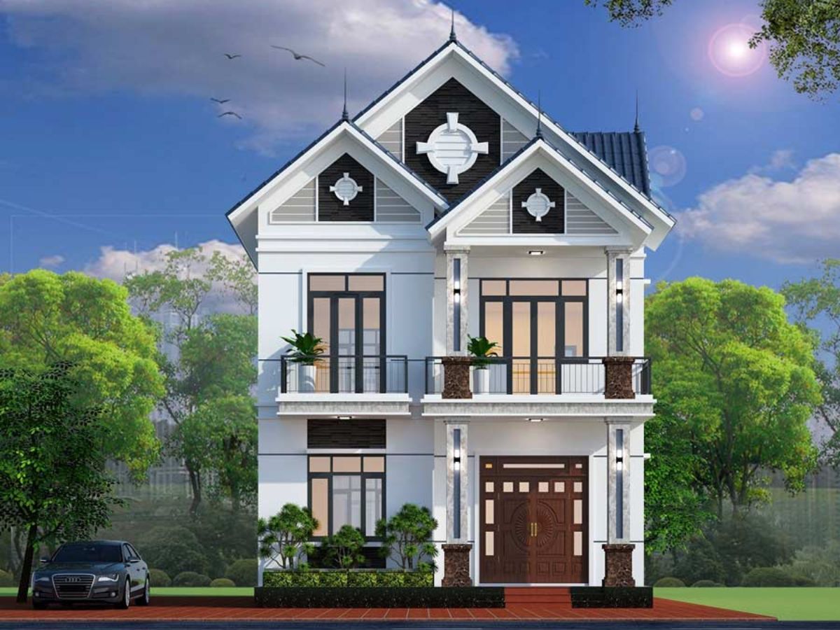 Mẫu nh&agrave; k&iacute;nh 2 tầng m&aacute;i Th&aacute;i sử dụng m&agrave;u trắng chủ đạo