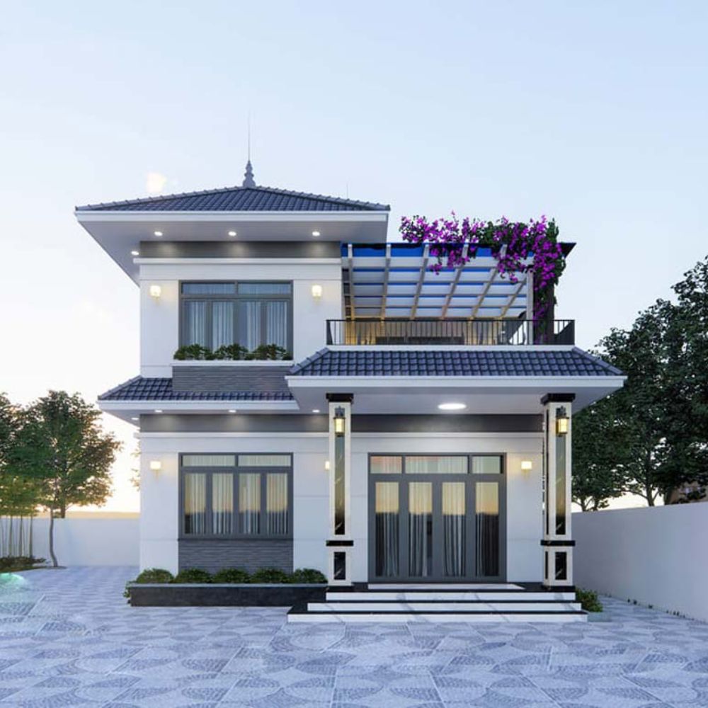 Bố tr&iacute; hệ cửa k&iacute;nh lớn hướng đến khoảng s&acirc;n rộng b&ecirc;n ngo&agrave;i cho nh&agrave; k&iacute;nh 2 tầng m&aacute;i Nhật