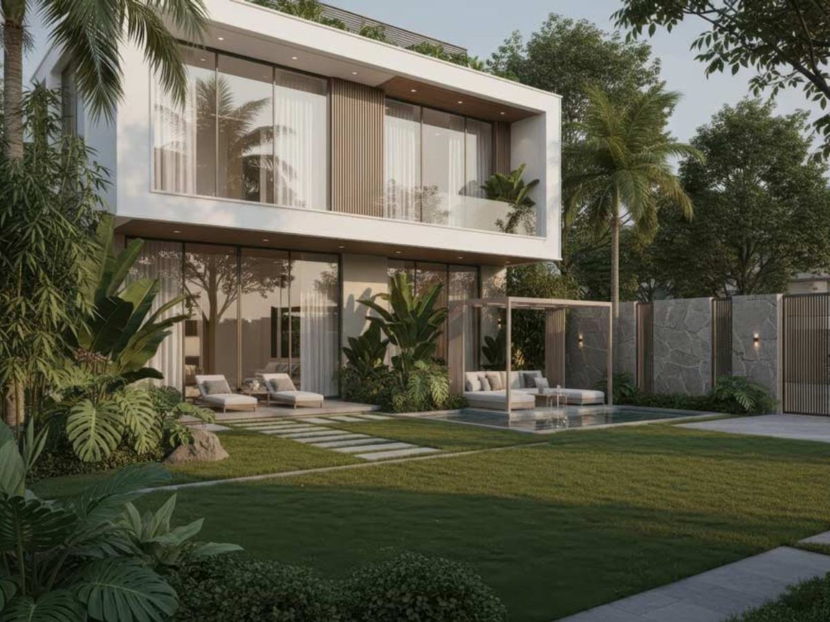 Thiết kế nh&agrave; k&iacute;nh 2 tầng c&oacute; lối đi l&aacute;t đ&aacute; v&agrave; khu nghỉ ngơi, thư gi&atilde;n ngo&agrave;i trời