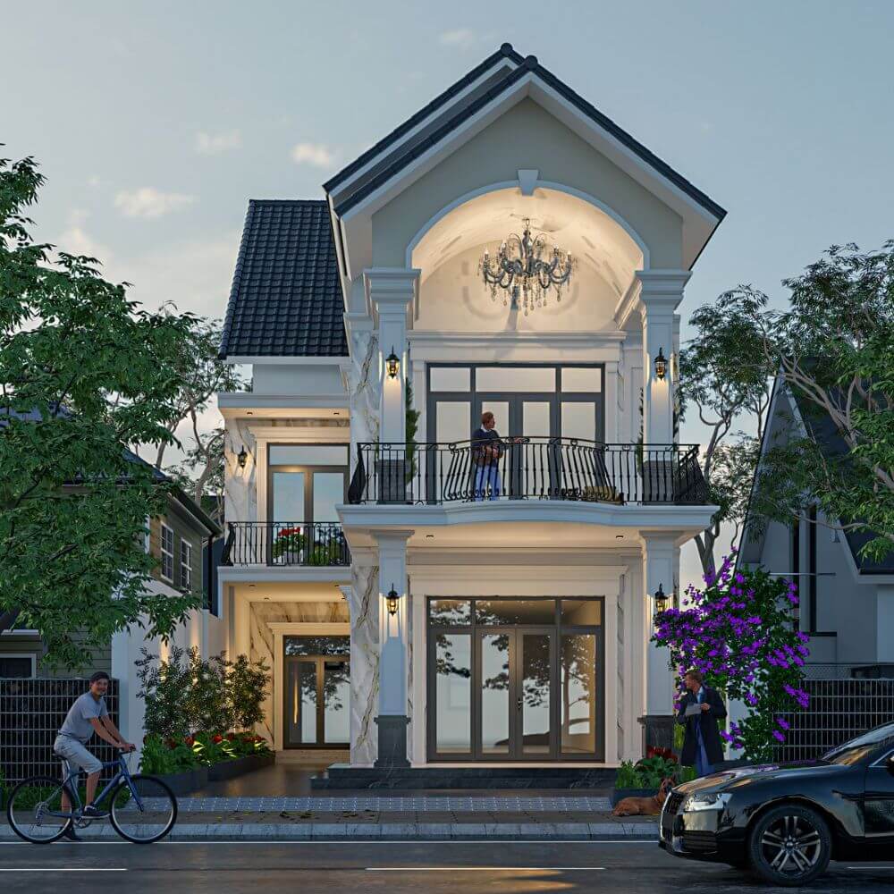 Nh&agrave; k&iacute;nh 2 tầng với cột lớn, m&aacute;i v&ograve;m, đ&egrave;n ch&ugrave;m v&agrave; lan can sắt đặc trưng phong c&aacute;ch T&acirc;n cổ điển