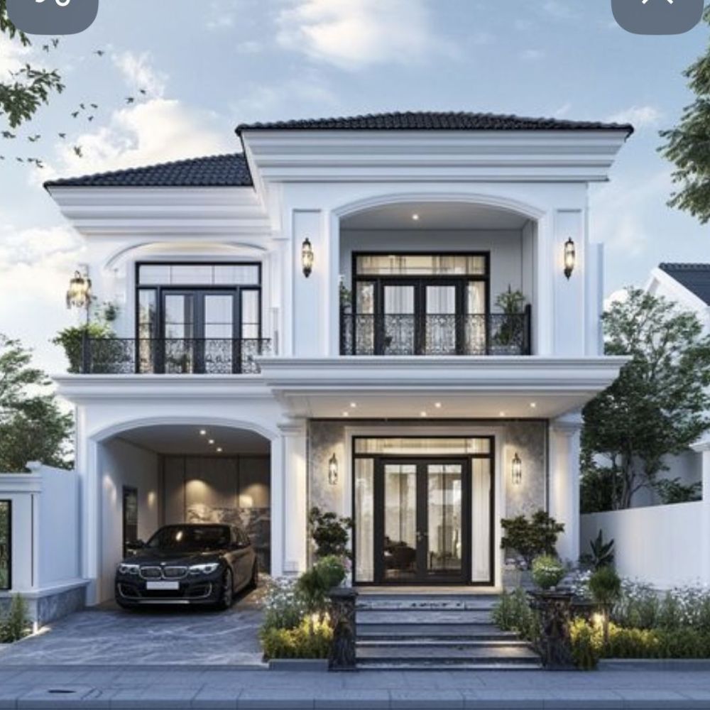 Mẫu nh&agrave; k&iacute;nh 2 tầng T&acirc;n cổ điển với tone trắng thanh lịch v&agrave; c&aacute;c đường ph&agrave;o chỉ bắt mắt