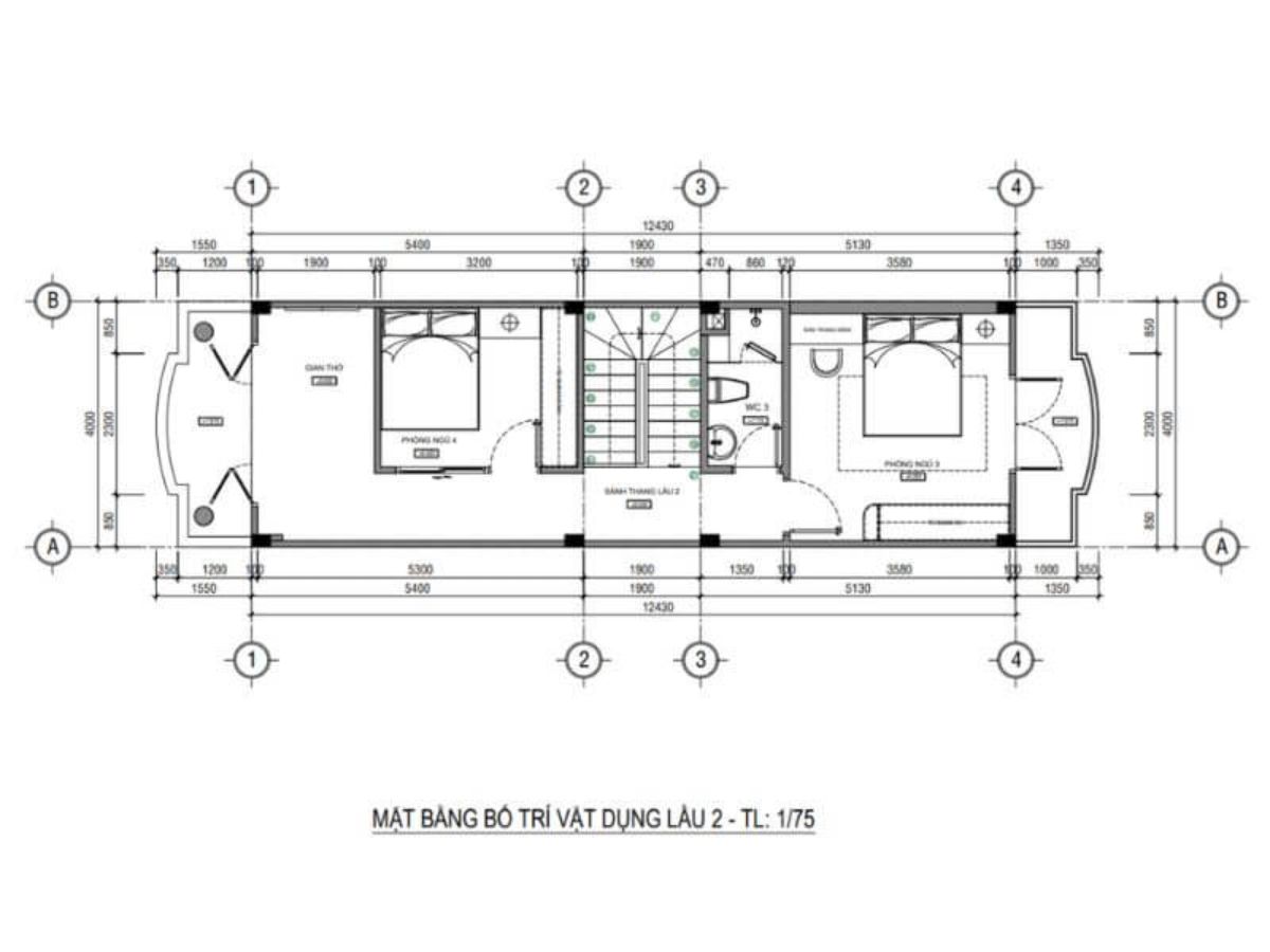Bản vẽ bố tr&iacute; lầu 2 mẫu thiết kế nh&agrave; 4x18m với 2 ph&ograve;ng ngủ v&agrave; 1 ph&ograve;ng thờ