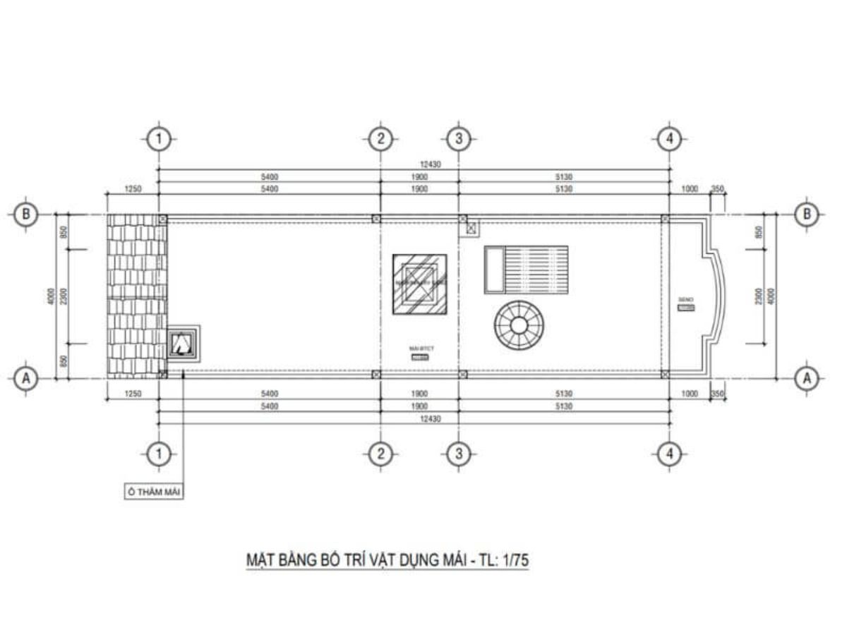 Bản vẽ mặt bằng kiến tr&uacute;c m&aacute;i c&oacute; giếng trời v&agrave; &ocirc; k&iacute;nh, gi&uacute;p tận dụng &aacute;nh s&aacute;ng tự nhi&ecirc;n cho kh&ocirc;ng gian b&ecirc;n trong